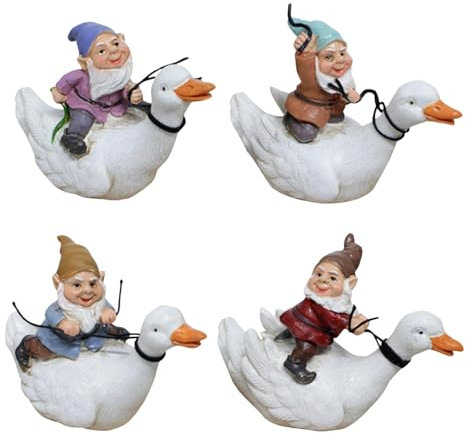 Rurunklee Lot de 4 nains de jardin pour la cour - Elfe assis sur un canard - Décoration miniature vintage - Décoration d'intérieur - Statue de nain de nain - Ornements de jardin