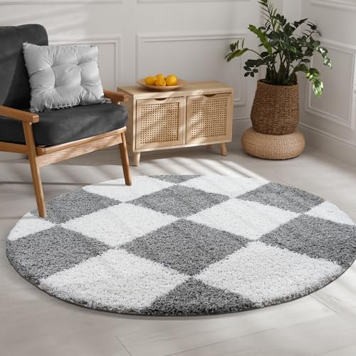 SANAT Milano Shaggy Teppich - Hochflor Teppiche für Wohnzimmer, Schlafzimmer, Küche - Hellgrau Weiss, Größe: 150 cm Rund