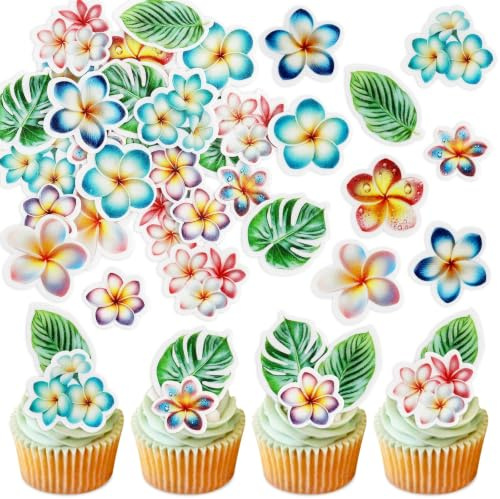 40Pcs Edible Frangipani Cupcake Toppers Edible Monstera Leaves Cupcake Picks for Hawaiian Floral Bridal Shower Engagement Wedding Cake Decors Hawaii Girls Birthday Party Decorations
