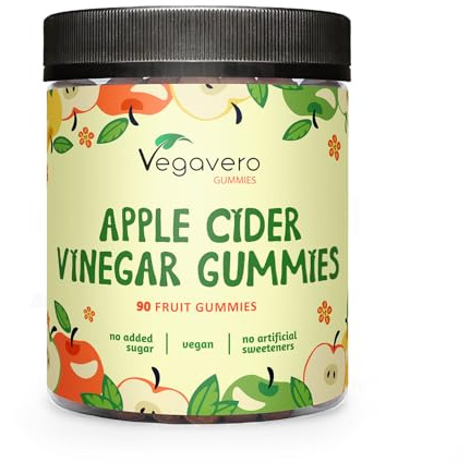 Vegavero Apple Cider Vinegar Gummies | NO Sweeteners or Added Sugars | 91% Fruit | Digestive Gums | Without Gelatine | Vegan | 90 Apple Cider Soft Bites
