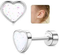 LOLIAS Pendientes Tuerca Titanio Forma Corazón Para Niñas Mujeres Plata Bonitos Pendientes Pequeños Lentejuelas Hipoalergénicos Regalos Niñas Cartílago Tragus Piercing Oreja