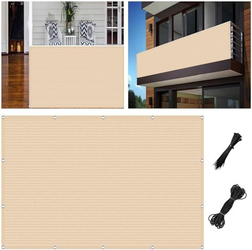 Sichtschutz 180 x 630 cm Ohne Bohren Wind-Und Uv-Schutz Sichtschutzmatte Strand Abdeckung mit Kordel für Den Zaun Balkon, Creme Farben
