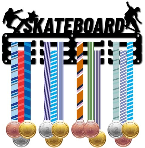 CREATCABIN Skateboard Medaillenhalter Aufhänger Medaillen Ausstellungsständer Schwarzes Metall Kleines Regal Plaketten Aufhänger Organizer Medaillenrahmen Wandmontage Für Auszeichnungsband 29x13cm