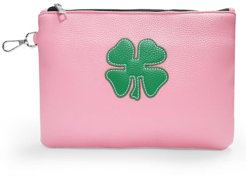 FINGER TEN Golf Tee Bag Pouch für Damen und Herren aus Leder Wertgegenstände Packung mit Kleeblatt Reißverschlusstasche Haken mit Gear Clip Zum Anbringen an Der Tasche (Rosa)