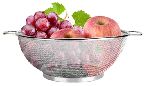Colador de alimentos de acero inoxidable, colador de metal, colador de cocina para lavar frutas, colador de cocina con asas, cesta de drenaje de metal versátil para espaguetis