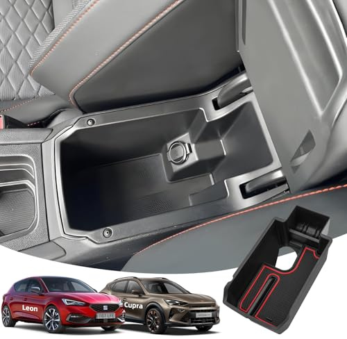 LANGBEAN Armlehne Aufbewahrungsbox für Seat Leon 2020-2025 | Mittelkonsole Organizer mit Antirutschmatten, Kompatibel mit Cupra Formentor, Kompatibel mit Cupra Leon, ABS-Material, Rot