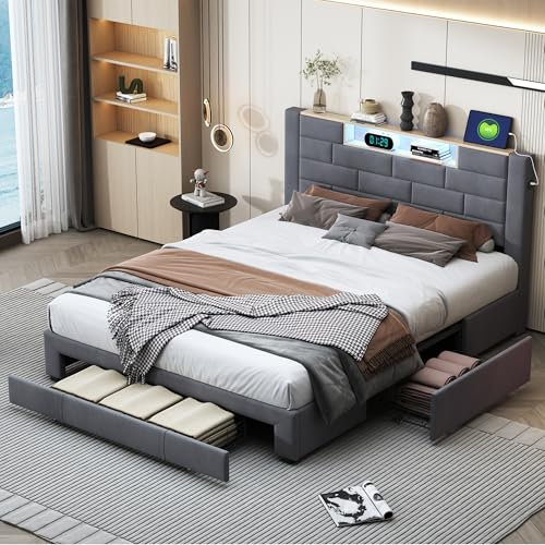 BPKADHY - Cama doble tapizada de 140 x 200 cm, con luz led, 3 cajones, somier, cabecero con espacio de almacenamiento, función de carga USB, cama juvenil funcional, respaldo, terciopelo, gris