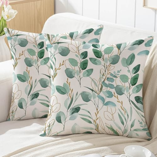 Jayusaror Frühling Kissenbezug 50x50 Grün und Gold Eukalyptus Blätter Outdoor Sofakissen Kissenhüllen Dekokissen Kissen Couchkissen Kissenbezüge Zierkissenbezug Garten Sofa Deko，2er Set