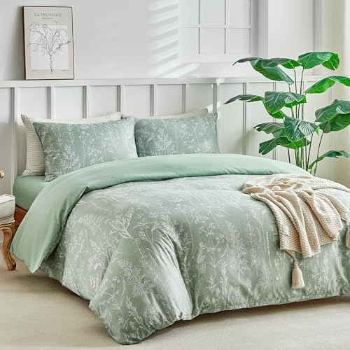 Tokokimo King Size Duvet Cover Sets 4 Piece Sage Green Bedding Set with Fitted Sheet - Floral Pattern Soft Microfiber King Size Bedding (1x Duvet Cover, 2x Pillowcases, 1x 40cm Deep Fitted Sheet)