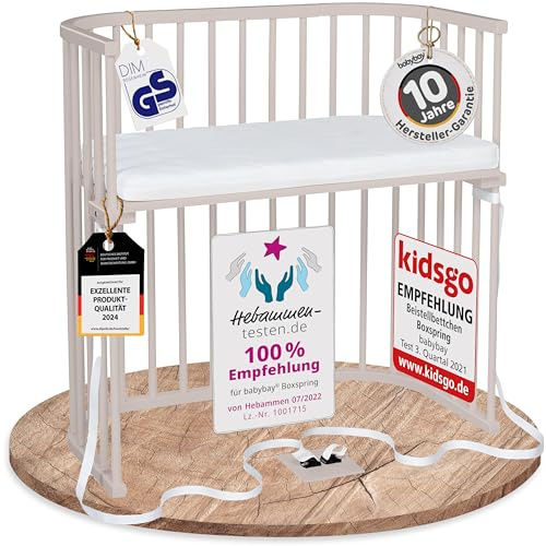 babybay Boxspring Beistellbett aus massivem Buchenholz/kompakt & verwandelbar/Kinderbett Höhe stufenlos verstellbar & umweltfreundlich/mitwachsendes Babybett (beige lackiert) / inkl. Matratze
