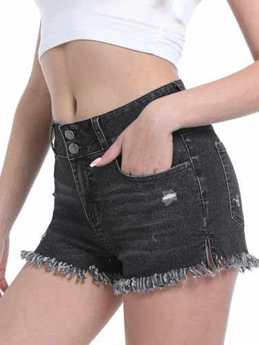 Chasehot Jeansshorts för Dam, Damjeansshorts med hög Midja, Denim Kortbyxor, Eleganta Rivna Shorts, Stretch Sommarjeans med rå Kant, Svart-L