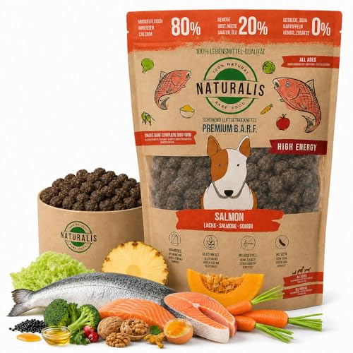 Naturalis Smart 80 Barf - Nourriture sèche pour chien - 500 g - Saumon - Aliment complet sans additifs - Sans céréales - Sans soja - Sans gluten - 100 % naturel - Séchage à l'air doux