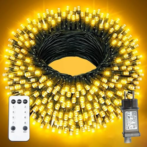 XmasBokeh LED Lichterkette, 30m 300 LED, Warmweiß, Grünes Kabel | Lichterkette außen mit Stecker und Fernbedienung; Weihnachtsbaumbeleuchtung mit Timer und 8 Leuchtmodi für Garten und Balkon