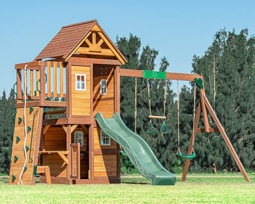 DOLPHIN PLAYGROUND T Schaukel-Set mit Rutsche, 2 Schaukeln, Trapezstange, Kletterwand & Spielhaus mit Spielküche und Holzdach – Outdoor-Spielgerät aus Zedernholz für Kinder ab 3 Jahren | Rutsche, 2 Schaukeln, Trapezstange, Kletterwand – Outdoor-Spielgerät aus Zedernholz für Kinder ab 3 Jahren