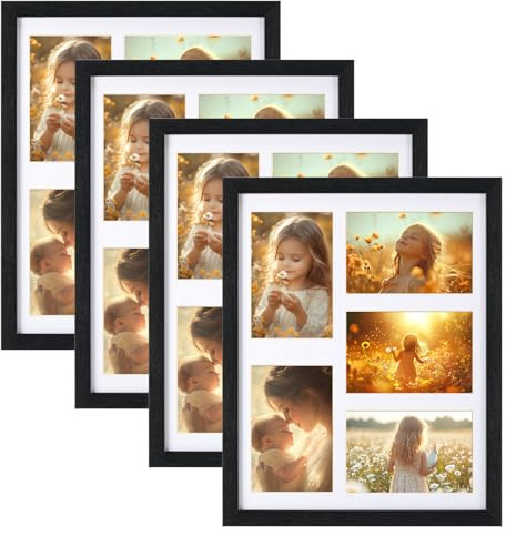 Serwrsw 4x6 Collage Picture Frame 5 Openings, 4 Pack Black Wall Frame with Mat for 4x6 Photos or without Mat for 11x14 Poster