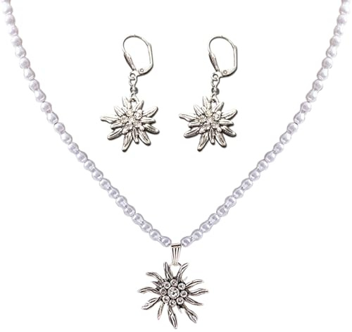 FloralGrace 3 Stück Trachtenschmuck Set,Perlen Trachtenkette und Trachten Ohrhänger mit Strass Edelweiß Damen Trachten Schmuck, Trachtenset Dirndl Kette und Trachten Ohrringe