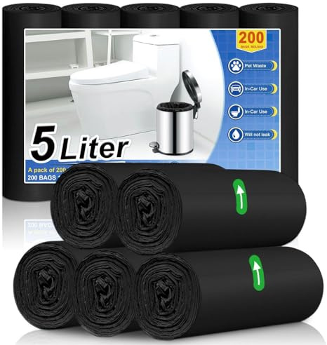 XUXRUS 200 Bolsas de Basura 5L Negras, Bolsas de Basura Pequeñas Resistentes, Antifugas y Antidesgarro, Sin Olor para Cocina, Baño, Oficina y Hogar (40x45 cm)