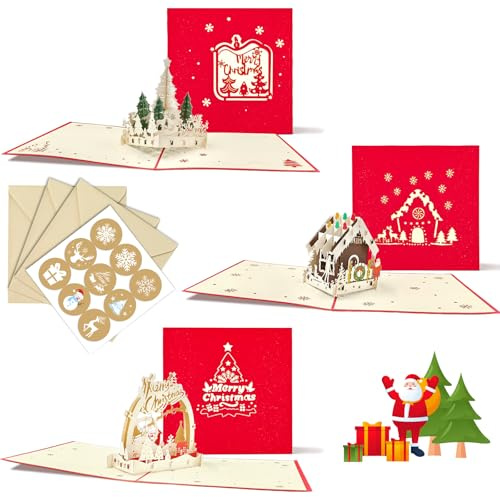 Carte pop-up de Noël, QZOSZ - Lot de 3 cartes de Noël drôles 3D avec enveloppe - Set de cartes de Noël arbre, maison de Noël, voiture de Noël - Carte cadeau 3D - Carte pop-up de Noël pour enfants