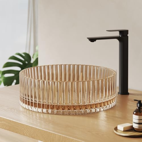 EMKE Glas Aufsatzwaschbecken Rund 40,0 × 40,0 × 12,0 cm – Design Glas Waschbecken Großvolumen für Badezimmer & Gäste-WC, Waschtisch Handwaschbecken Ohne Hahnloch, Roségoldes
