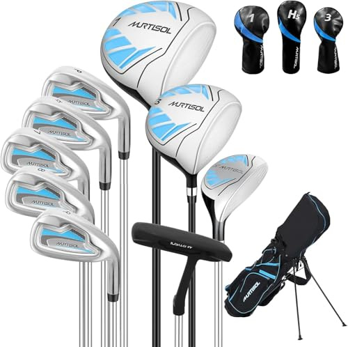10 Pieces Golf Clubs Full Set Mens Right Hand,Golf Set Includes Stand Bag with Rain Hood, 1#Driver 3#Wood #5 Hybrid,with 3 Head Covers, 6# 7# 8# 9# PW# Irons and Putter,Blue