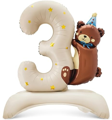 Gleemix Luftballon Geburtstag 3, Bär Folienballon XXL, Creme Teddybär mit Standfuß Selbststehend Luftballon, für 3. Geburtstag Junge, Kindergeburtstag, 9784cm
