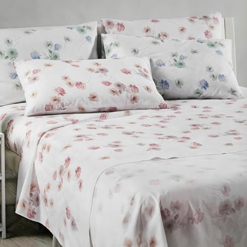 Caleffi Completo Lenzuola Matrimoniale in Cotone Art. Flores Rosa Lenzuolo Sopra, Sotto con angoli e 2 Federe