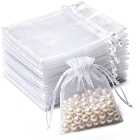 50 Pcs White Organza Bags with Drawstring, 10×12 cm Small Organza Gift Bags, Mesh Jewellery Pouches Candy Bags for Wedding Favours, Christmas, Birthday, Holiday & Party Supplies