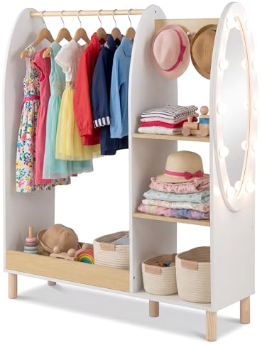 COSTWAY Penderie Enfant avec Miroir en Acrylique et 10 Ampoules LED | 3 Étagères et 3 Crochets et Tringle, Armoire Montessori, Portant à Vêtements Enfant en Bois Massif, 91x28x110 cm