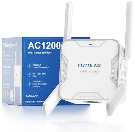 2026 COTDLNK Nouveau Répéteur WiFi Puissant Amplificateur WiFi 1200Mbps, avec PA intégré Double Bande 5GHz et 2,4GHz Amplificateur de Signal Internet sans Fil, Configuration Facile (White AC1200)