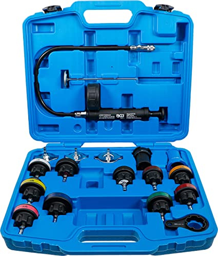 BGS 8027 | Kühlsystem-Abdrück-Satz | 18-tlg. | PKW | Für alle gängigen Fahrzeugtypen | Adapter, Verbindungsstücke, Kunststoff-Schlüssel, Thermometer, Pumpe inkl. Schlauch