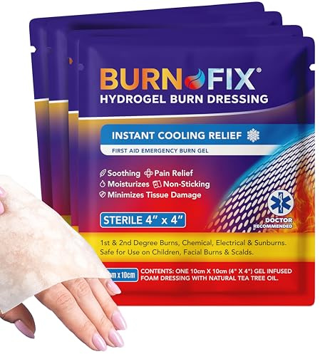 BurnFix® - 4 Pack-Burn Gel Dressing 4 x 4 Burn Care Cream First Aid Treatment. Immediate Pain Relief Hydrogel Burn Dressing for 1st, 2nd Degree Burns, Razor & Sunburns for Home, Work, Fire, EMS