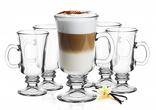 Irish Coffee / Latte Macchiato - Juego de 6 vasos con asa y 6 cucharas de acero inoxidable