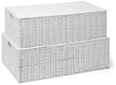 ARPAN Boîte de Rangement en résine tressée pour Dessous de lit, Coffre à Jouets, Panier à vêtements avec Couvercle – Blanc (lot – 1 x L, 1 x M)