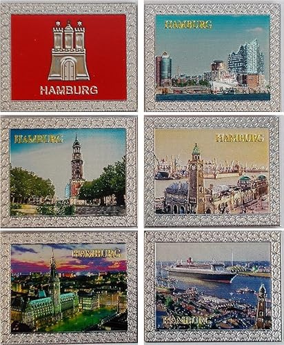 Hamburg Souvenir Kühlschrankmagnete - 6er Set Magnete mit verschiedenen Stadt-Motiven und Metallic Effekt