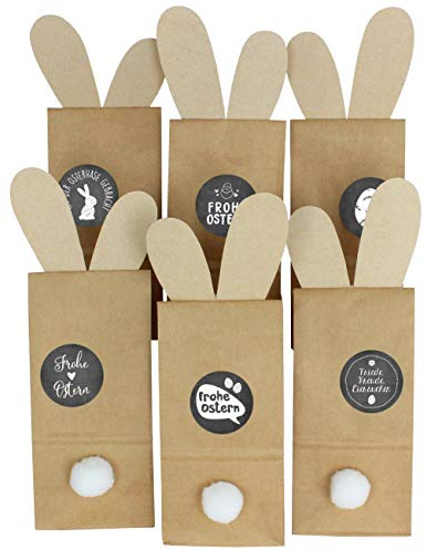Papierdrachen 12 dekorative Osternester zum Befüllen - Kraftpapiertüten mit Hasenohren zum Ausschneiden - Oster Dekoration Tischdeko inkl. Aufkleber und Hasenpuschel - Motiv Tafel