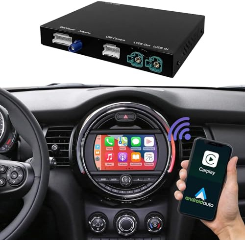 Road Top Trådlös Carplay Retrofit Kit avkodare för BMW Mini Cooper One Hatch Clubman F55 F56 F54 F57 NBT System 2014-2018 År, Stöd Trådlös Android Auto, Spegellänk, Reverse Kamera