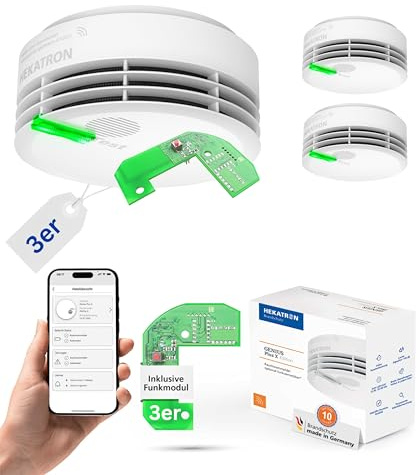 Hekatron Genius Plus X Rauchmelder vernetzt mit Funkmodul Basis X – 3 Stück | 10 Jahre Batterie – Testsieger Stiftung Warentest – made in Germany – Funkrauchmelder Set – mehrsprachig