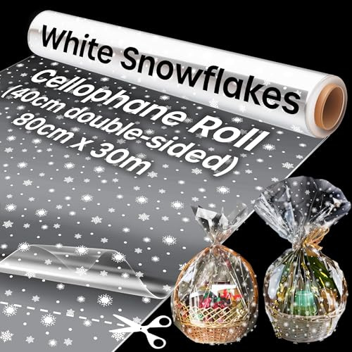 volila Rotolo Cellophane per Confezioni (80CM x 30M) - 1 Pacco di Cellophane Trasparente Con Motivo a Fiocchi di Neve - Rotolo Carta Regalo Trasparente per Regali di Natale, Ceste Regalo e Imballaggio