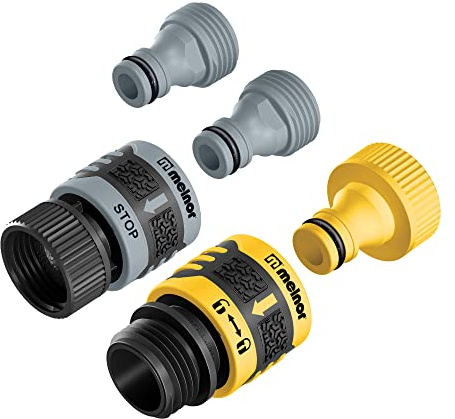 Melnor 65134AMZ 5 Piece Quick Connect Starter Set Connector Bundle, Product and Faucet Adapter, Product End and Faucet End Connector, Black, Yellow, Grey