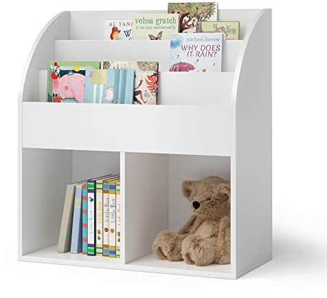 Bellabino Kinderregal Koro, Spielzeug Aufbewahrung, Bücherregal für Kinder mit 3 Fächern für Bücher und 2 Fächern für Boxen, weiß, Maße: H 79 cm, T 34 cm, B 72 cm
