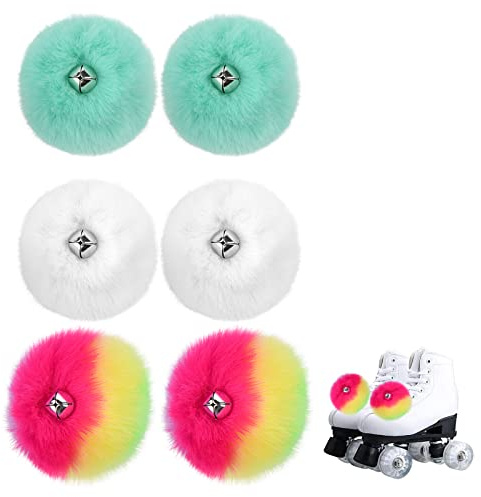 Cosmos 3 Pairs Roller Skate Pom Poms with Bells Tie-on Fluffy Pompoms with Shoelace Quad Roller Skates Accessories Colorful Cute Pom-poms Skates Decoration for Women (Turquoise Blue, White, Rainbow)
