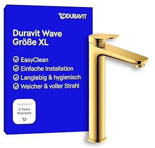 Duravit Wave Waschtischarmatur, Größe XL (Auslauf Höhe 236 mm), Wasserhahn Bad, Armatur Waschbecken, Gold Poliert