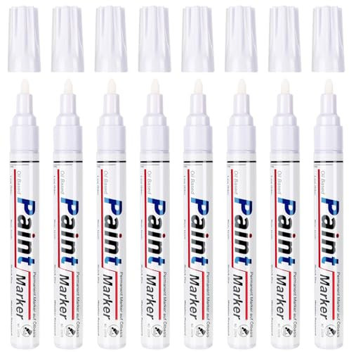 STANBLUE White Paint Pens 8 Pack Oil-Based Waterproof Paint Marker Set Quick Drying Permanent 2-3mm Tip for Rocks, Wood, Fabric, Plastic, Glass, Mugs, Metal, Cardboard