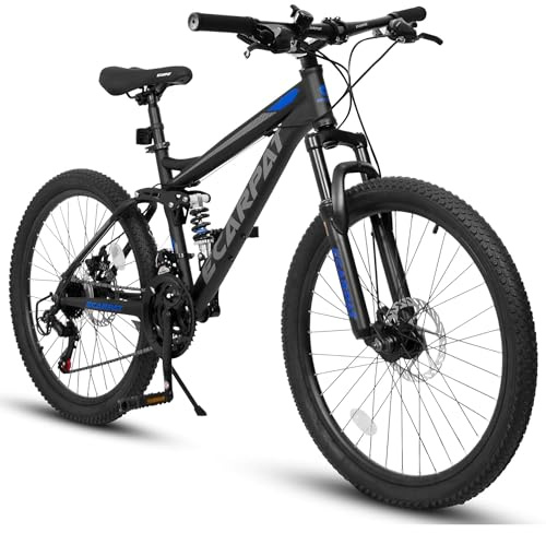 Ecarpat 24 Inch Full Suspension Mountain Bike, 21 Speeds Dual Disc Brake, Men Women Carbon Steel Mountain Bike, Adult Trail Beach Snow Commuter City Bikes
