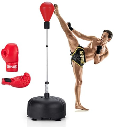 KOMFOTTEU Punchingball Boxsack auf Standfuß, höhenverstellbar 140-150 cm, Boxball auf gefülltem Boden, Boxhandschuhe, Boxset, Standboxsack für Erwachsene & Kinder (rot)