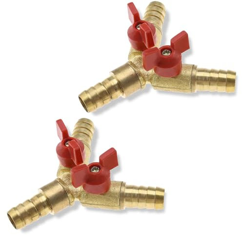 2 Stück 3 Wege Schlauchverbinder mit Absperrhähnen 10mm Messing Y förmiges Schlauchanschluss Kugelhahn 2 Schalter mit Klemmen Abzweigventil Verbinder für Tischlerarmatur Luft Wasser Gas