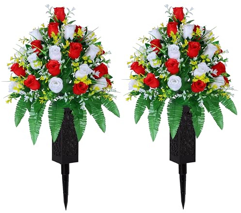 LVXINLI Artificial Cemetery Flowers, Gravesite Decoration Roses, Memorial Bouquets with Cemetery Vase, Vibrant and Long-Lasting Colors (Red + White, 2 Bundles)