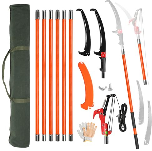 Outvita Manual Pole Saw, 26 Feet Extendable Tree Pruner with Knives and Storage Pocket, Sharp Steel Blade and Scissors High Branches Trimming for Pruning Palms and Shrubs（Orange）