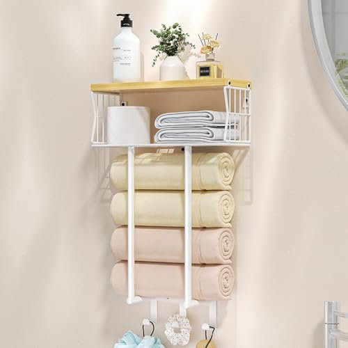HapiRm Handtuchhalter Wand Montage - Handtuchregal Badezimmer Multifunktionales platzsparendes Modell mit Haken für Badezimmerzubehör, Geeignet als Gästehandtuchhalter - Weiß