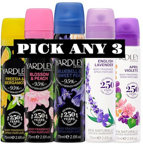 Yardley London Body Fragrance Spray 75ml | Mix & Match Any 3 Scents | Choose from English Lavender, Blossom & Peach, Bluebell & Sweet Pea, Freesia & Bergamot, April Violets | 3 x 75ml